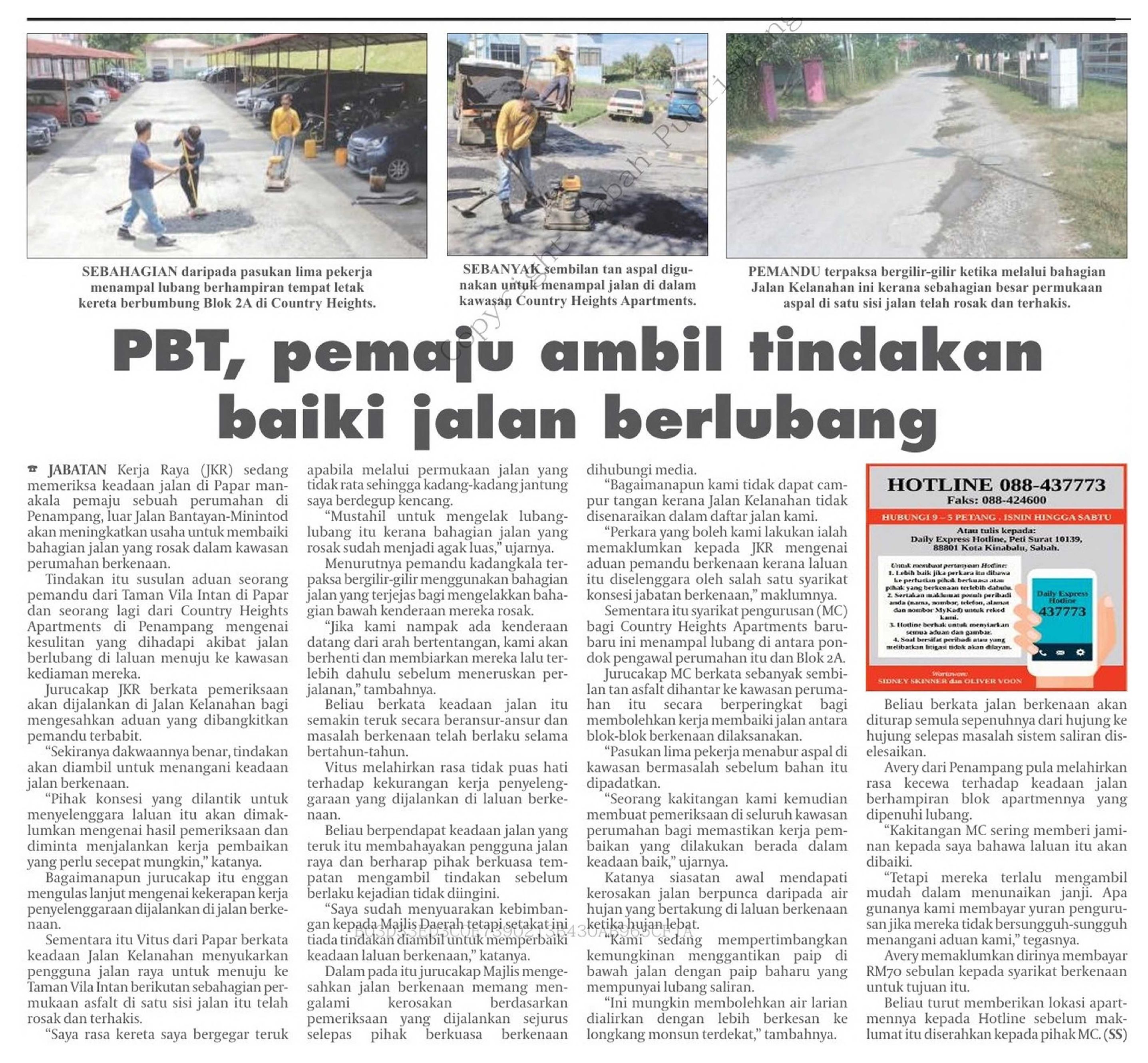 9 Sept 2026, Penampang - PBT, pemaju ambil tindakan baiki jalan berlubang (Daily Express)
